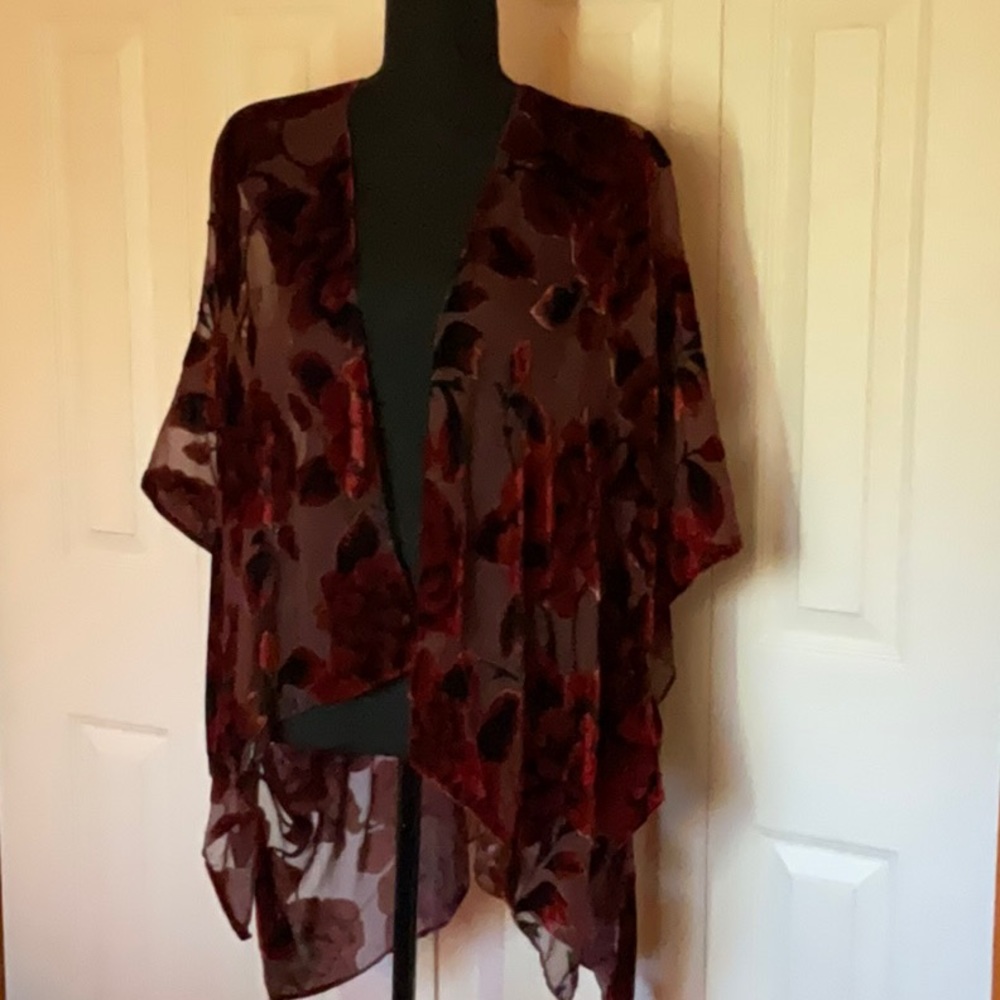 Velvet Inlay Kimono, Red (One Size)